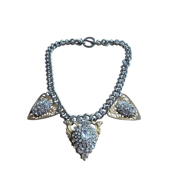 Silvertone Goldtone Statement Necklace Rhinestone Cluster Triangles Chunky Chain - Picture 1 of 8